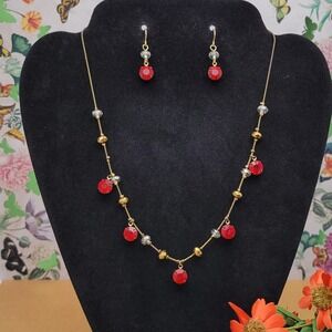 VTG Gold‎ Plated Necklace + Earring Set Red/Clear Rhinestone Dangle Drop Stmt